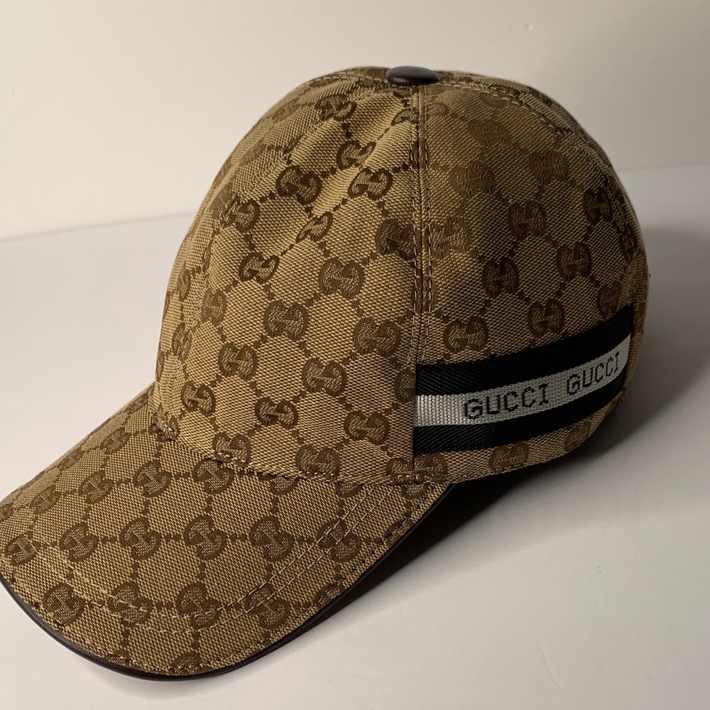 Gucci GG Tan/Brown Classic Monogram Baseball Cap with Black/White Stripe Size M